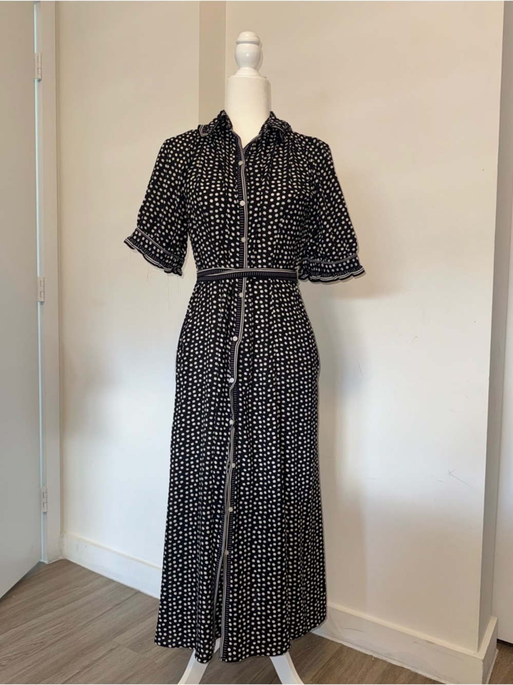 Max Studio Black and White Polka Dot Button-Front Maxi Dress